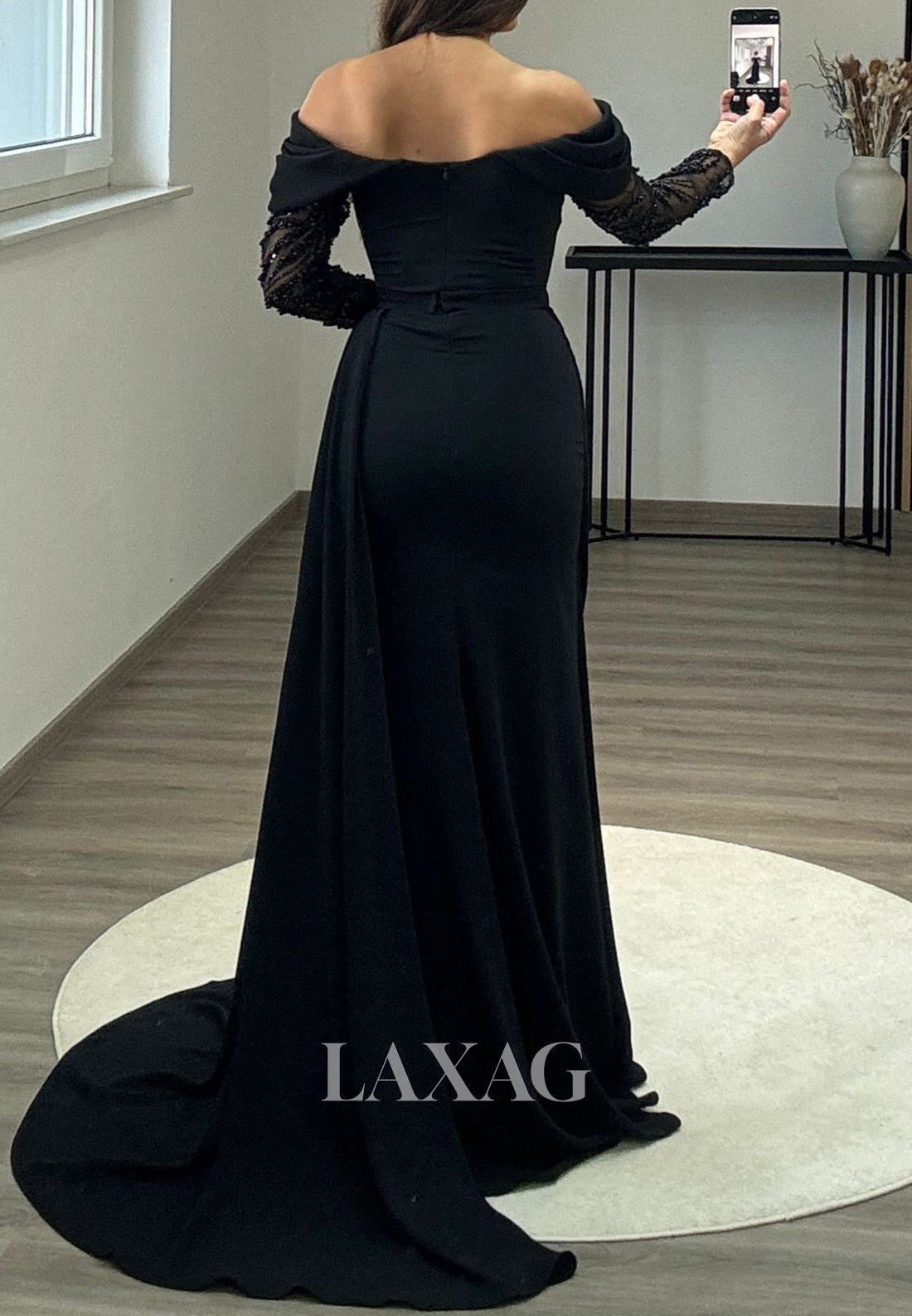 Tube Top Long Sleeves Satin Formal Gowns Off-Shoulder Beaded Pleated Mermaid Prom Dress