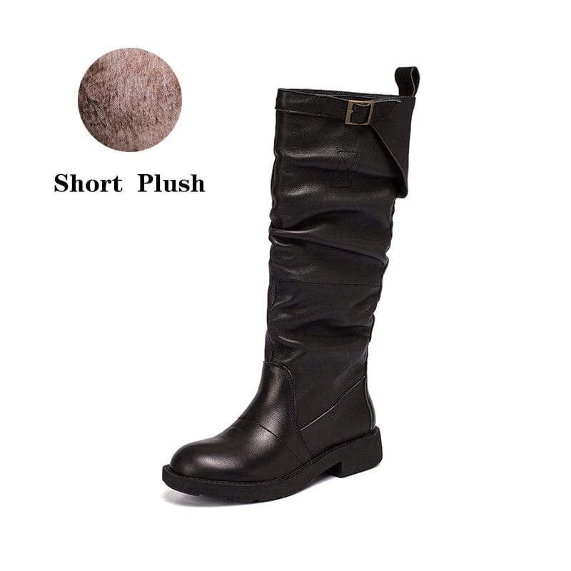 Waxing��Leather Knee High Boots Fold Design Riding Boots Buckle Boots in Black/Brown