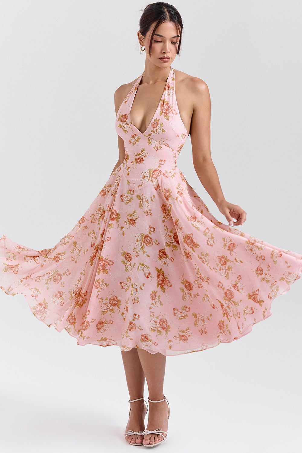 Rose Print Georgette Halter Plunge Full Skirt Midi Dress 5