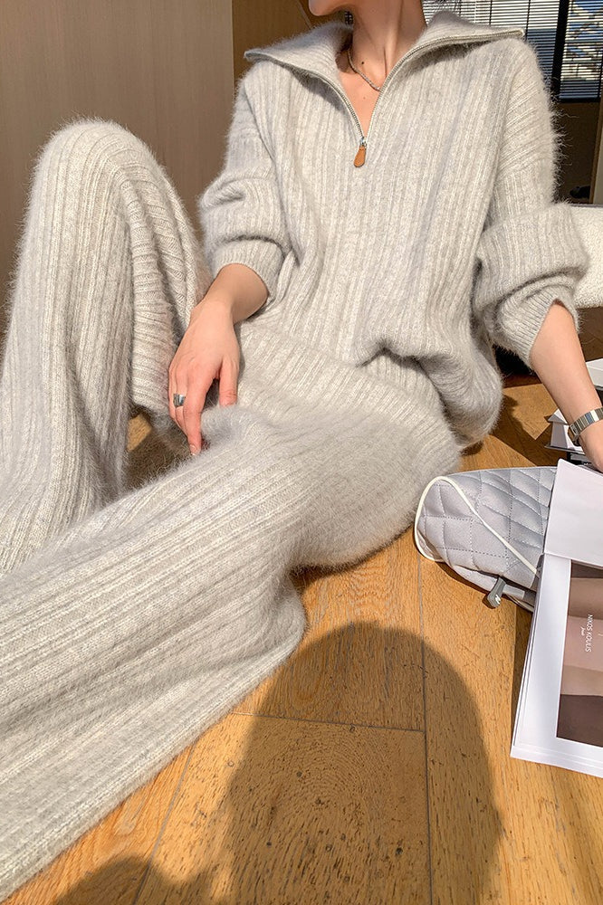 Fuzzy Ribbed Knit Half Zip Collared Sweater and Wide Leg Pants Two Piece Set 2