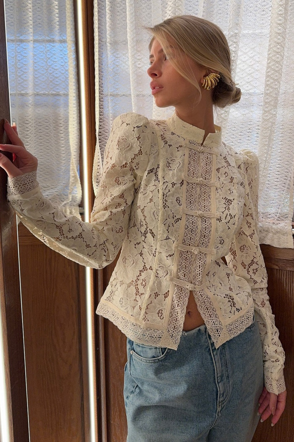 Lace Mock Neck Puff Shoulder Long Sleeve Button Front Blouse 4