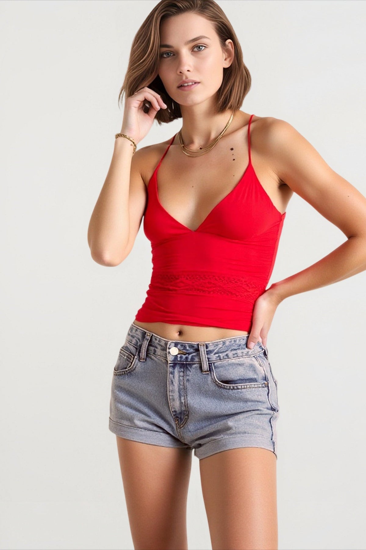 Halter Neck V-Neck Lace Panel Waist Cropped Top 9