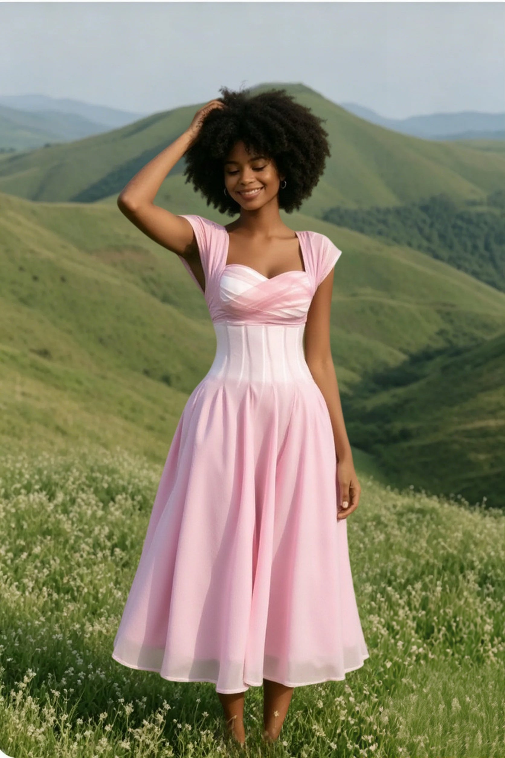 Sweetheart Cap Sleeve Ruched Fit and Flare Tea Length Prom Dress