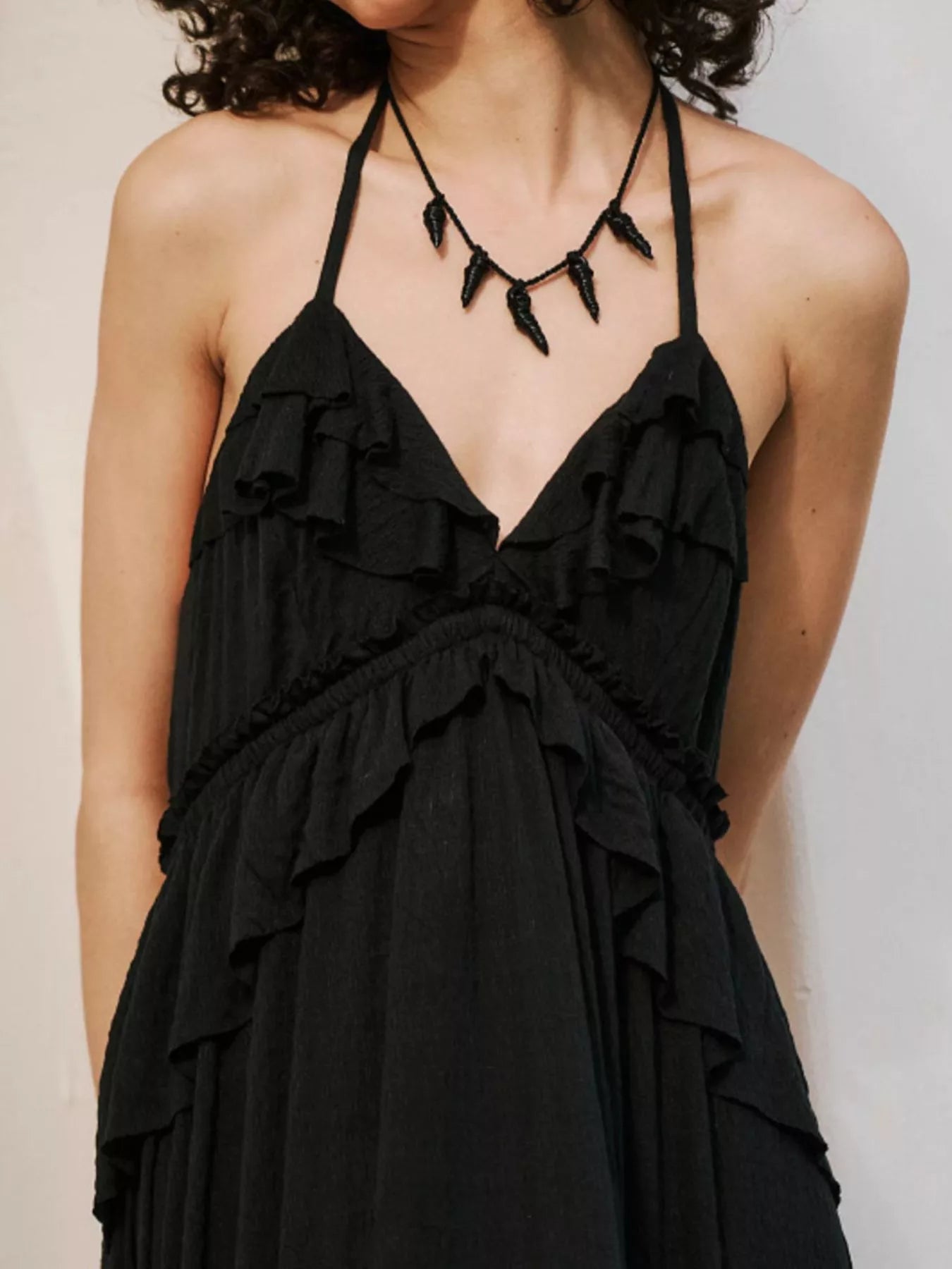 Halter Neck Deep V-Neck Ruffle Tiered Backless Maxi Dress 12