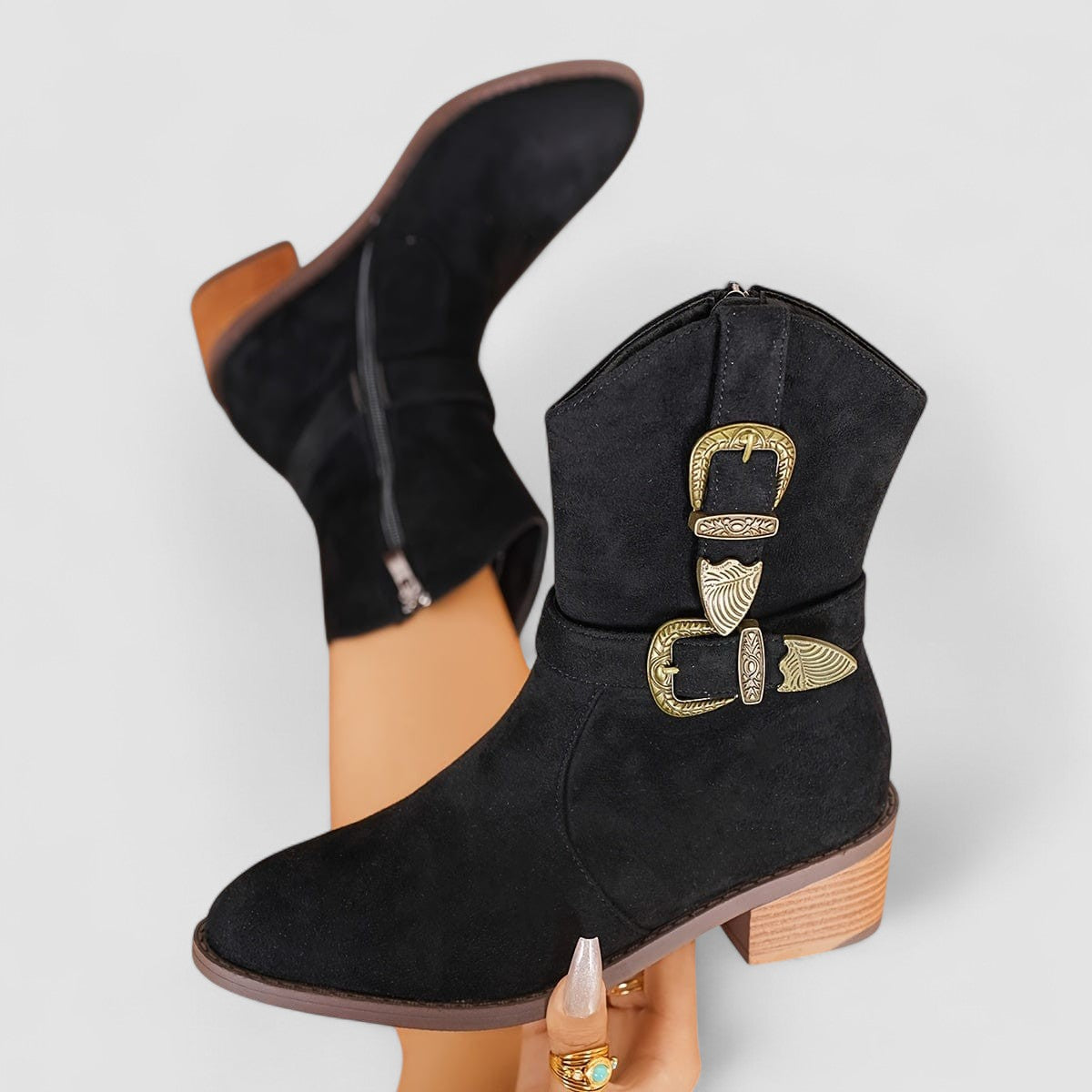 Suede Look Buckle Western Block Heel Ankle Boots