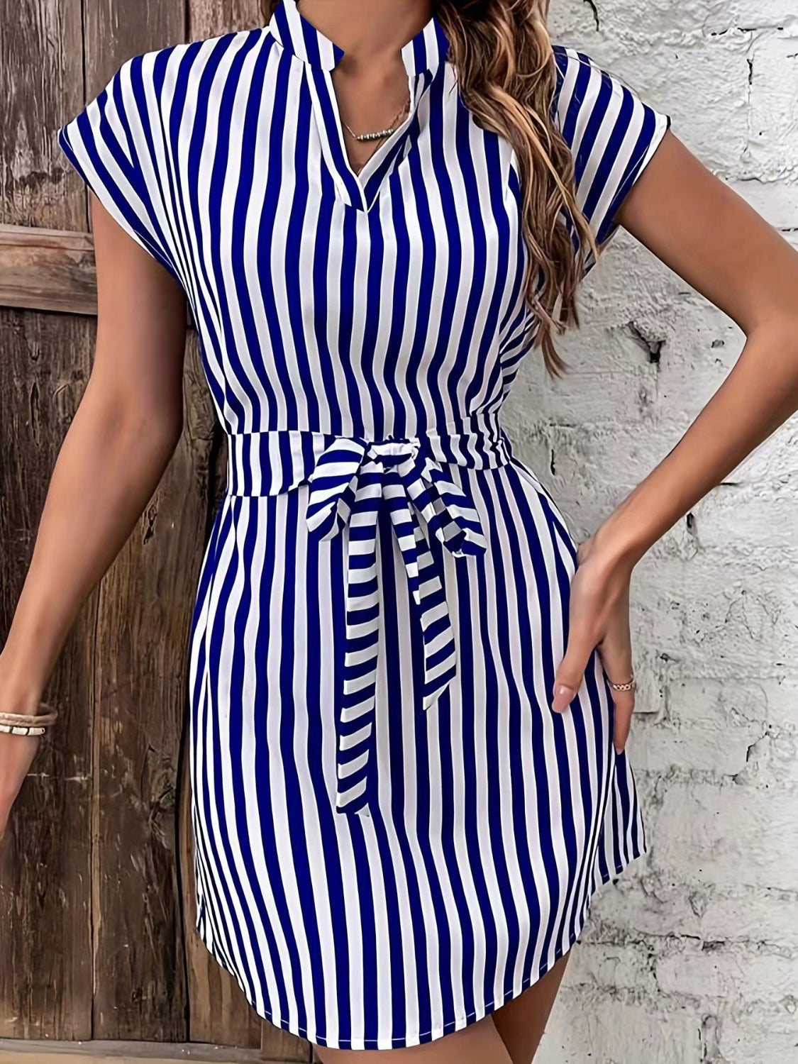 Tied Striped Cap Sleeve Mini Dress Royal Blue