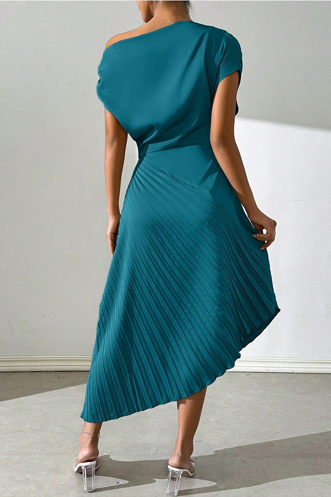 Satin One Shoulder Ruched Pleated Asymmetric Midi Dress