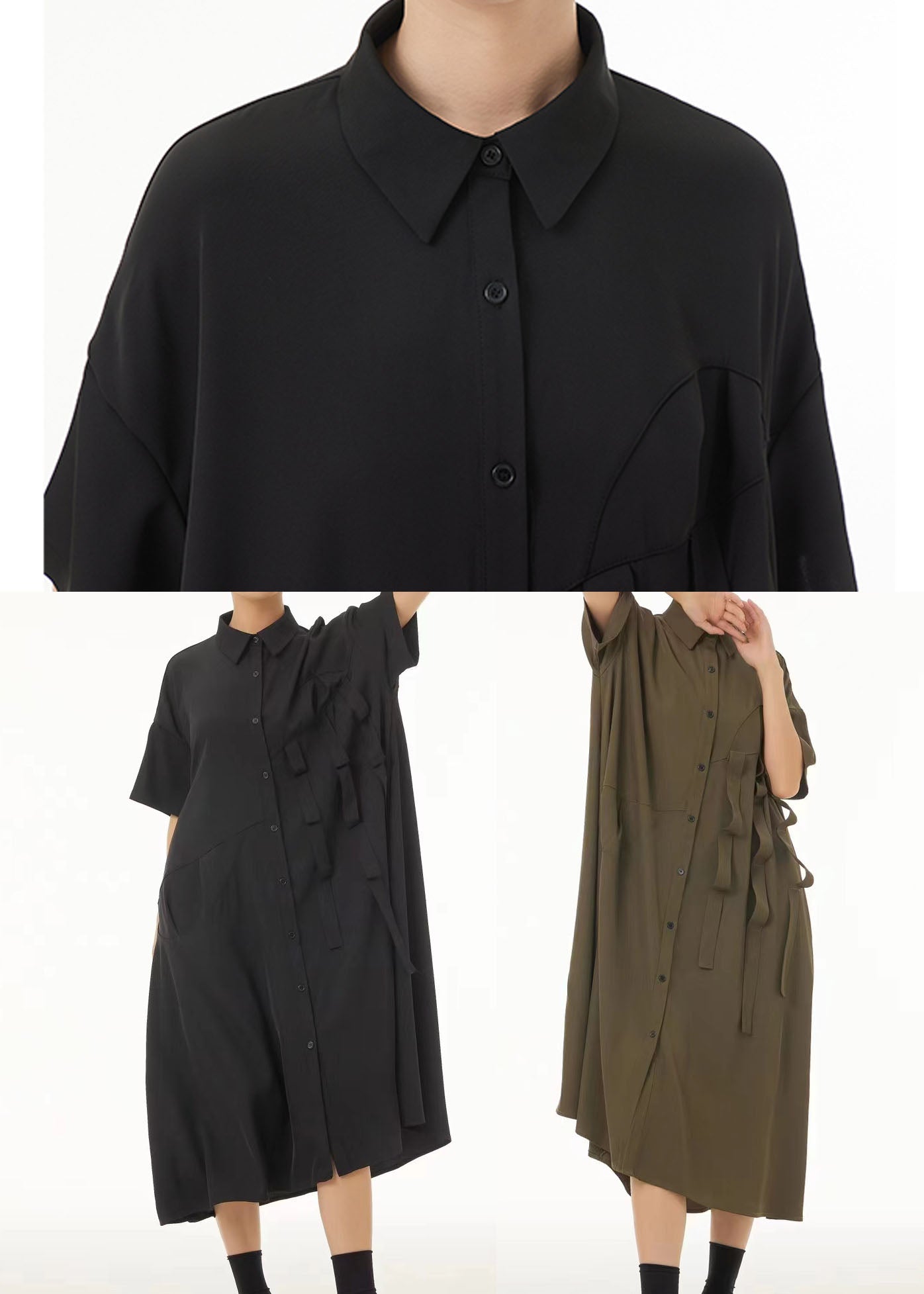 Oversized Button Front Strap Detail Short Sleeve Shirt Midi Dress