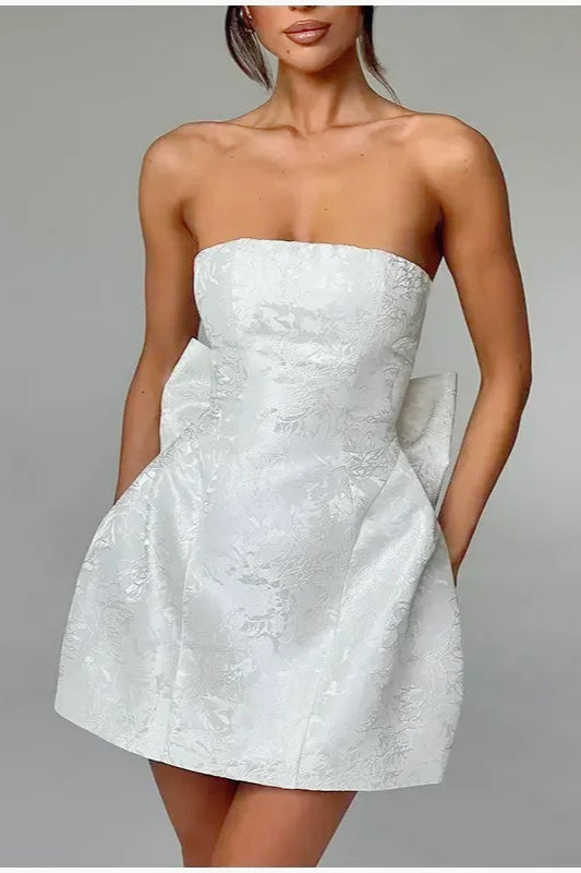 Jacquard Strapless Bow Back Fit and Flare Mini Dress