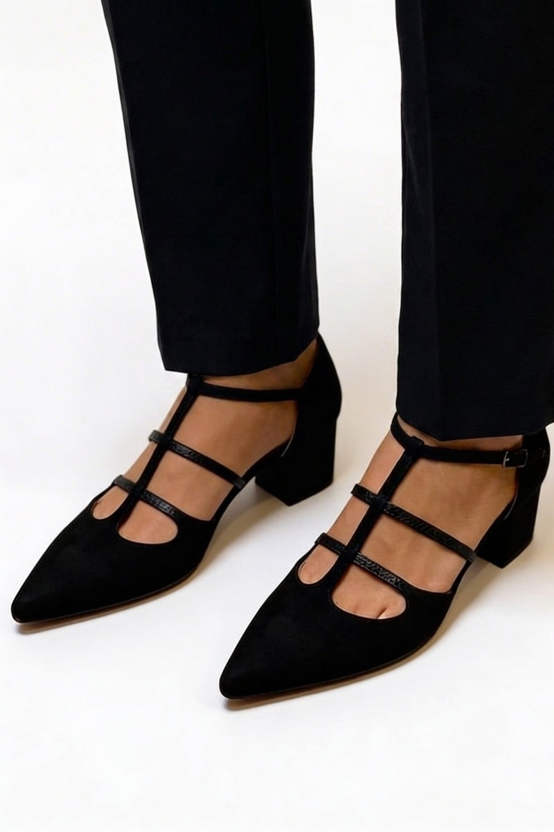 Suede Look Pointed Toe T-Strap Block Heel Pumps