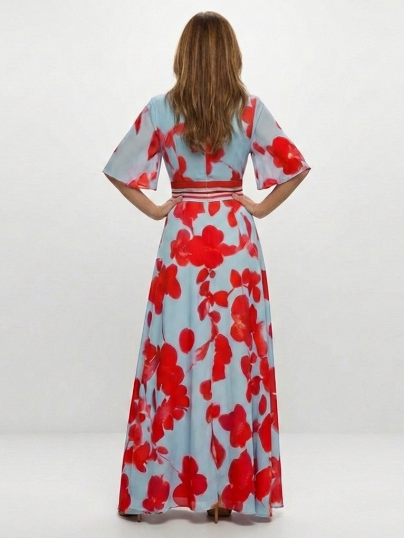 V-Neck Flutter Sleeve Floral Maxi Dress