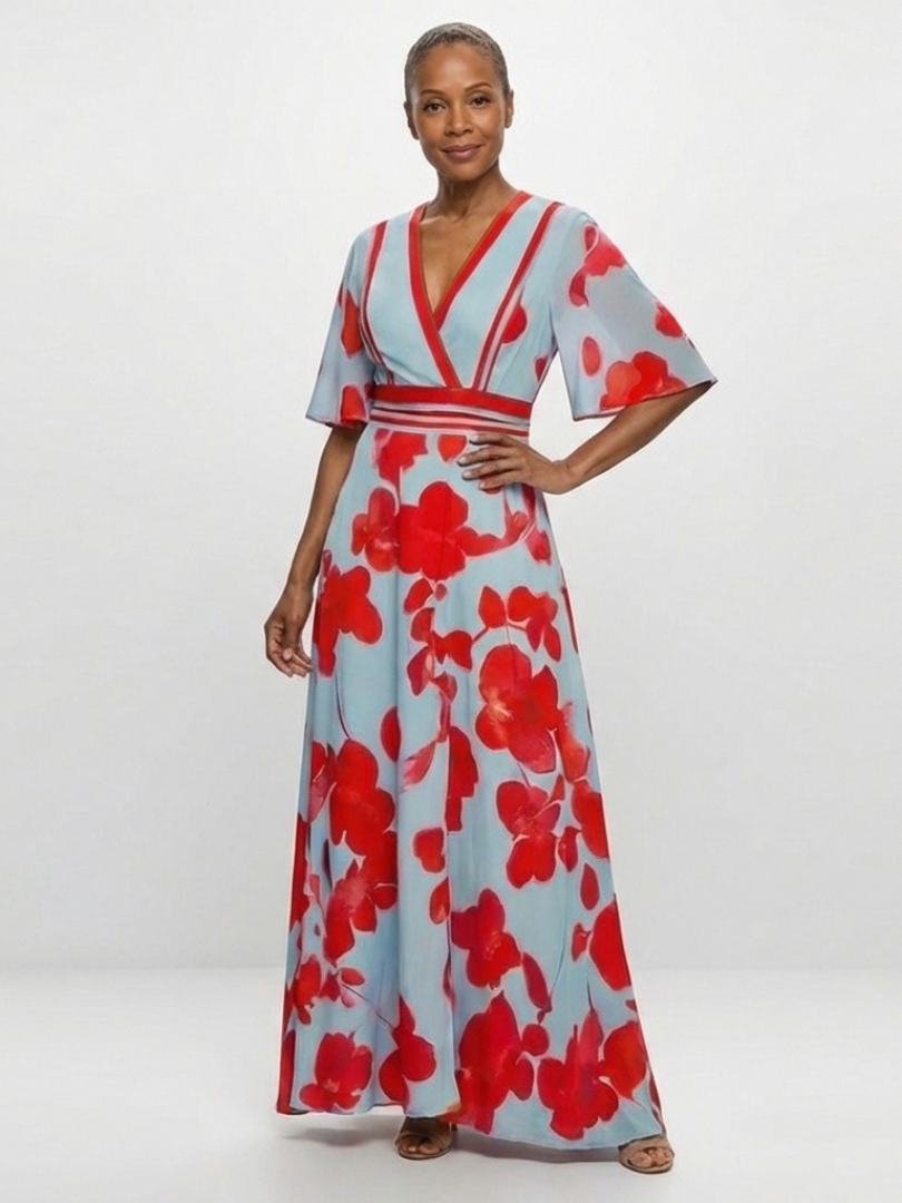 V-Neck Flutter Sleeve Floral Maxi Dress