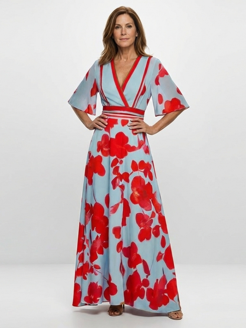 V-Neck Flutter Sleeve Floral Maxi Dress
