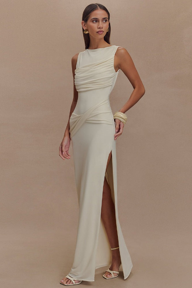 One Shoulder Ruched High Split Slip Maxi Dress