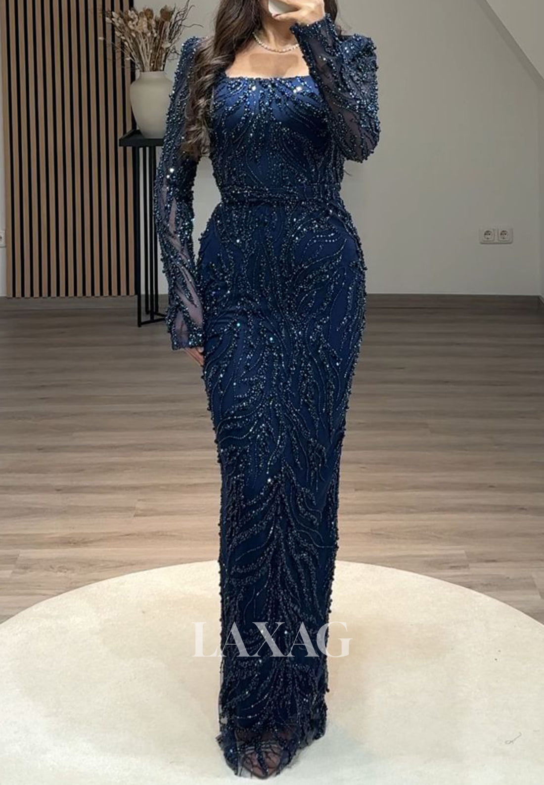 Square-Neck Long Sleeves Pleated Mermaid Prom Dress Beaded Sequined Floor-Length Evening Gowns