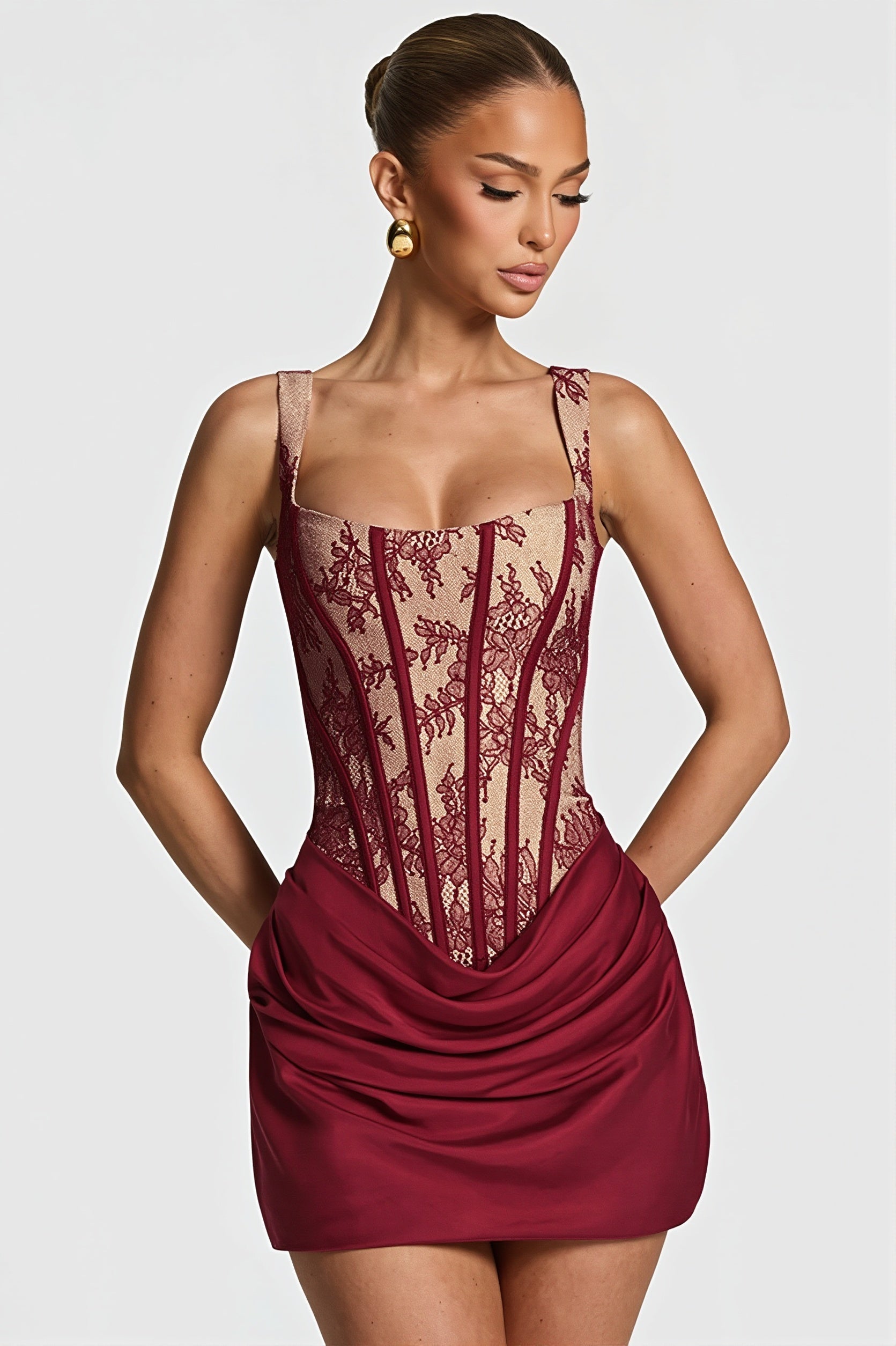 Elegant Lace Fishbone Ruched Mini Dress - View 2