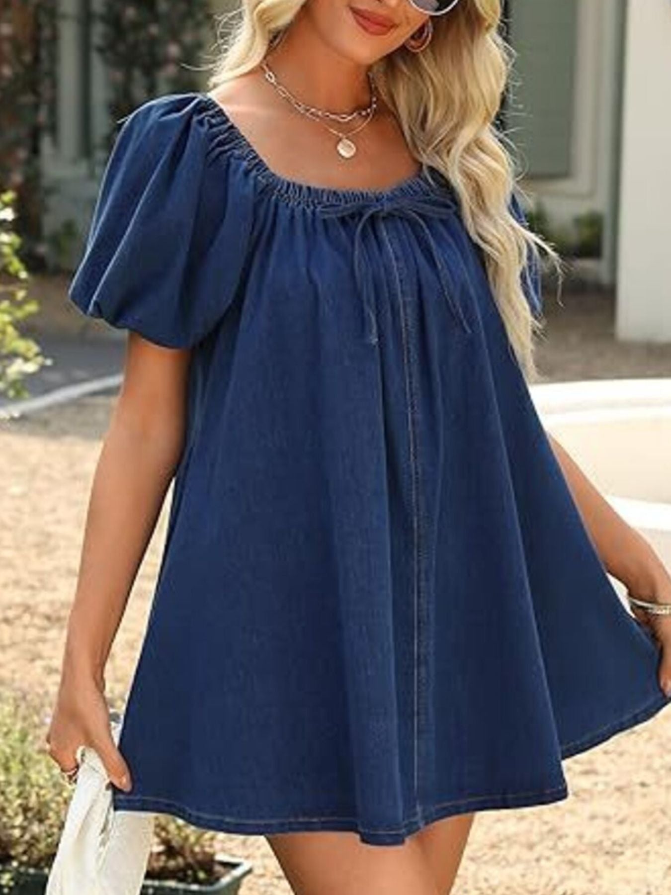 Off-Shoulder Tie-Front Denim Dress Dark Blue
