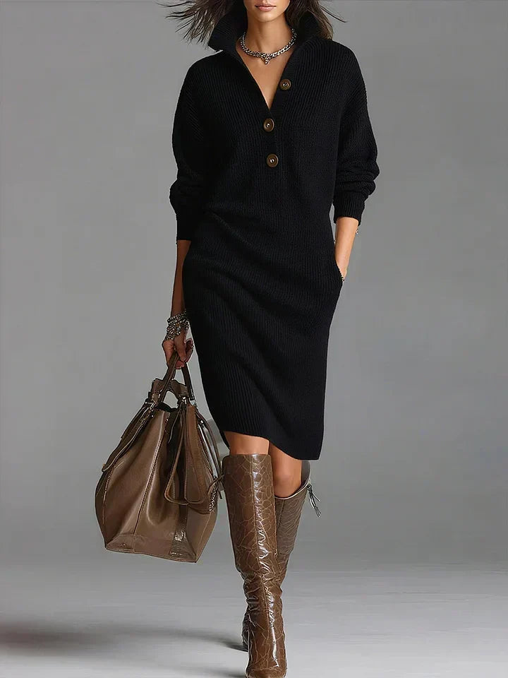 Collared Button Long Sleeve Knit Sweater Midi Dress 4