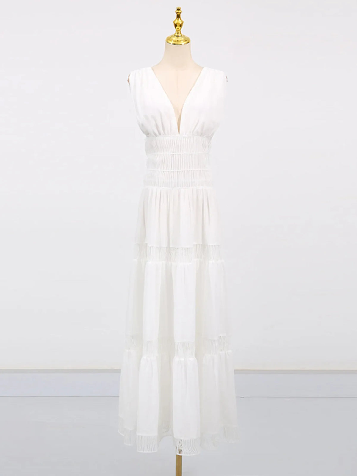 Deep V-Neck Sleeveless Smocked Waist Ladder Trim Tiered Maxi Dress 5