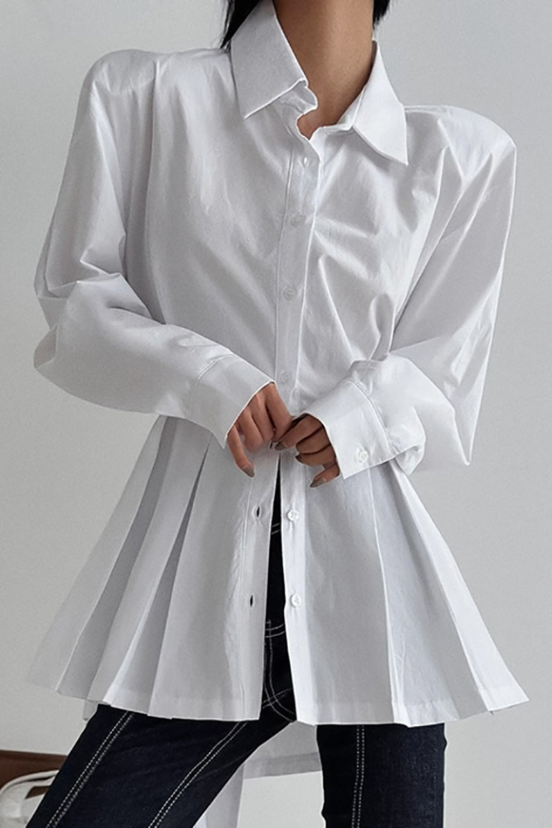 Collared Long Sleeve Padded Shoulder Pleated Mini Shirt Dress 5