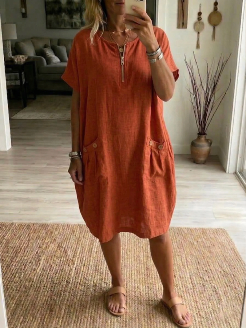 Short Sleeve Pocket Shift Midi Dress 5