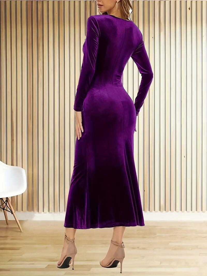 Velvet Deep V-Neck Long Sleeve Ruched Wrap Front Mermaid Maxi Dress 6