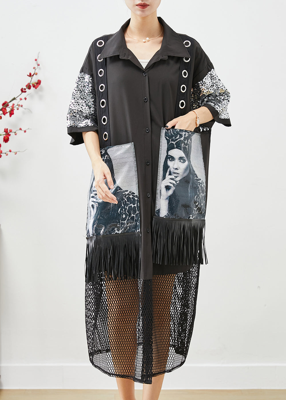 Sequin Sleeve Grommet Strap Graphic Print Fringe Mesh Hem Shirt Dress