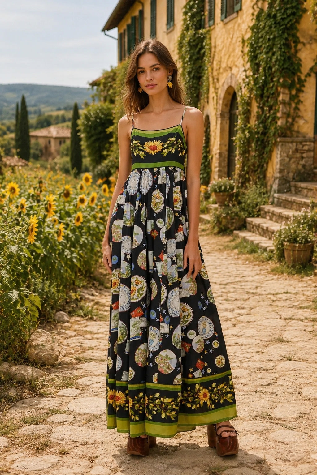 Artistic Print Linen Midi Slip Dress