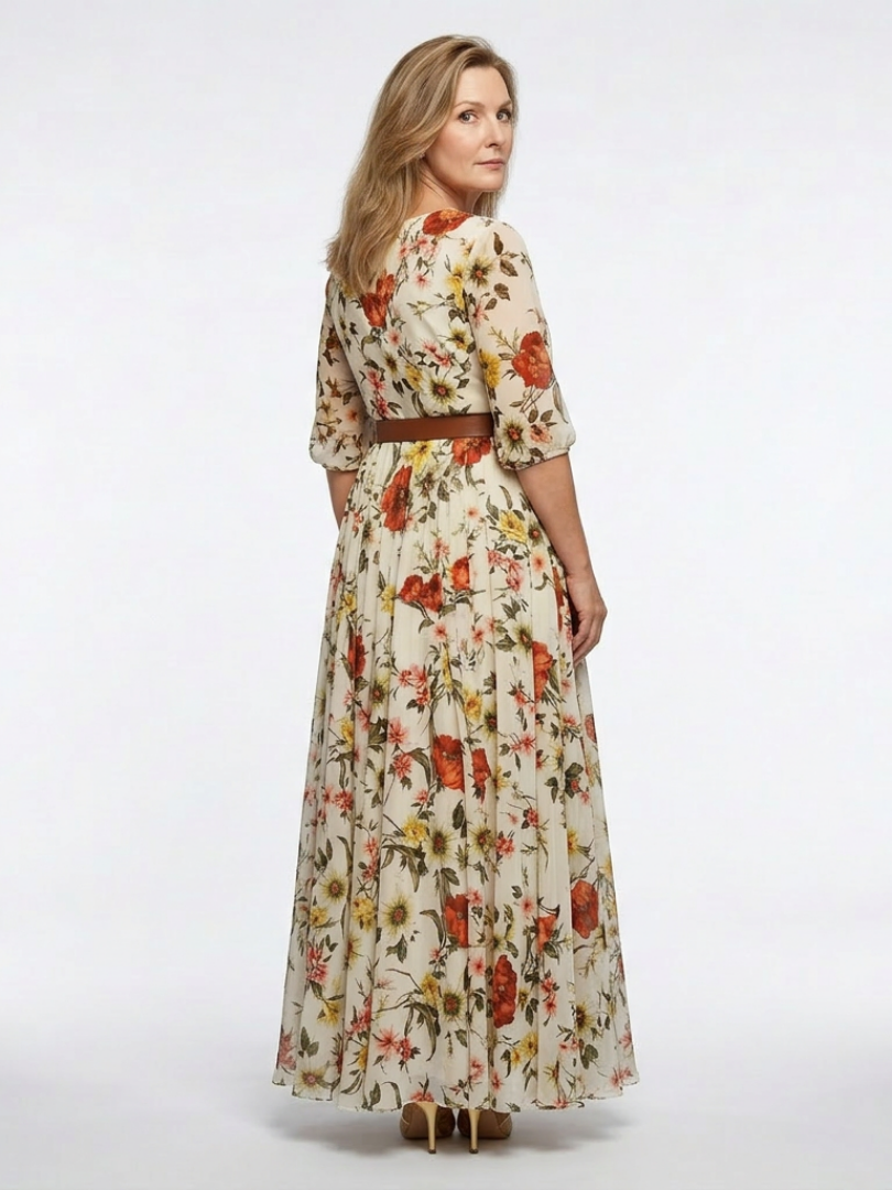 Floral Round Neck Three Quarter Sleeve Belted Maxi Dress