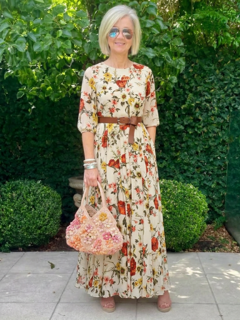 Floral Round Neck Three Quarter Sleeve Belted Maxi Dress