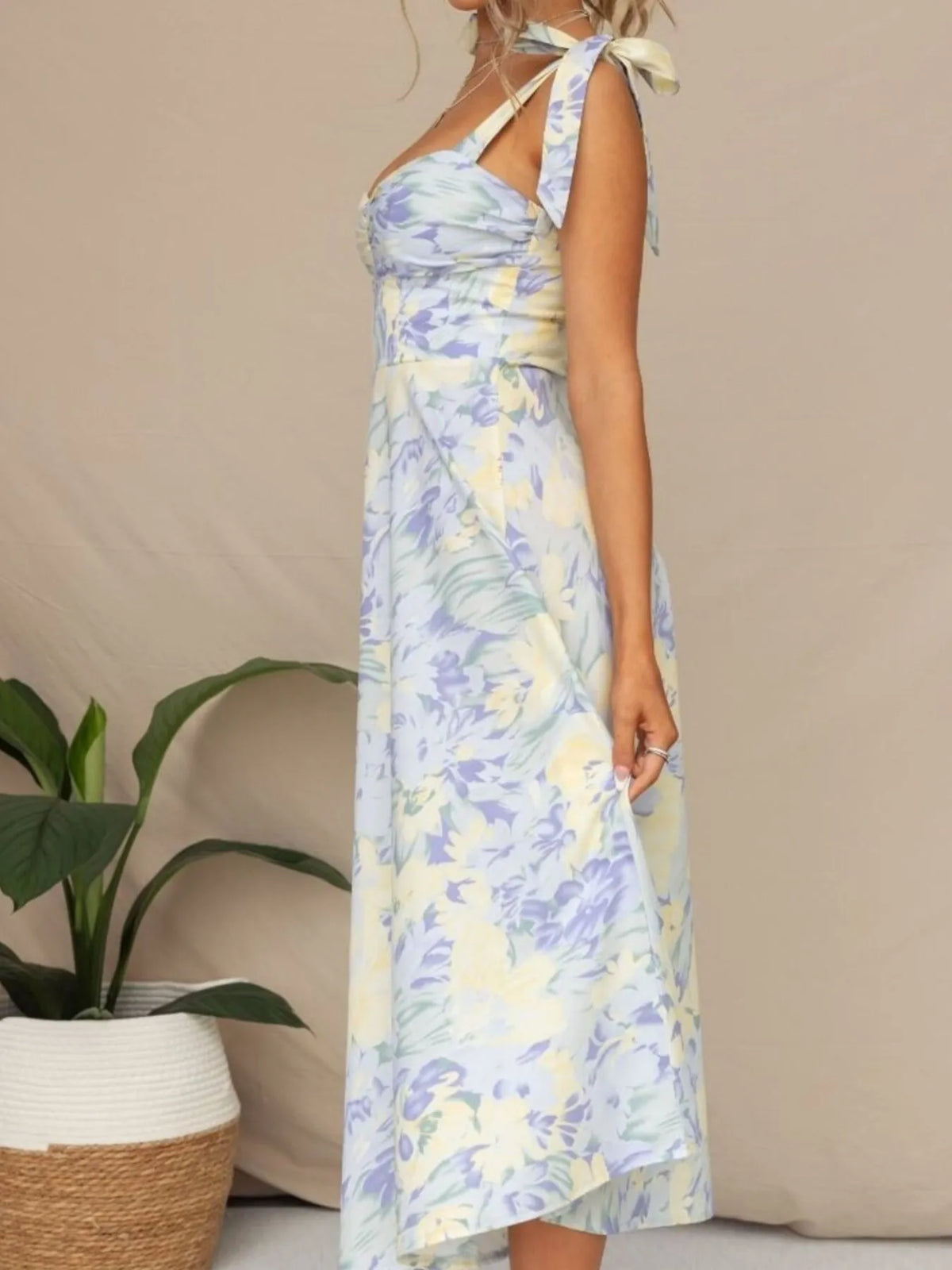 Floral Print Tie Shoulder Sweetheart A-Line Midi Dress 5