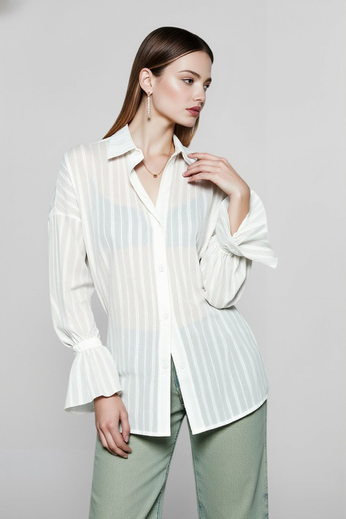 Raised Jacquard Flare Sleeve Blouse