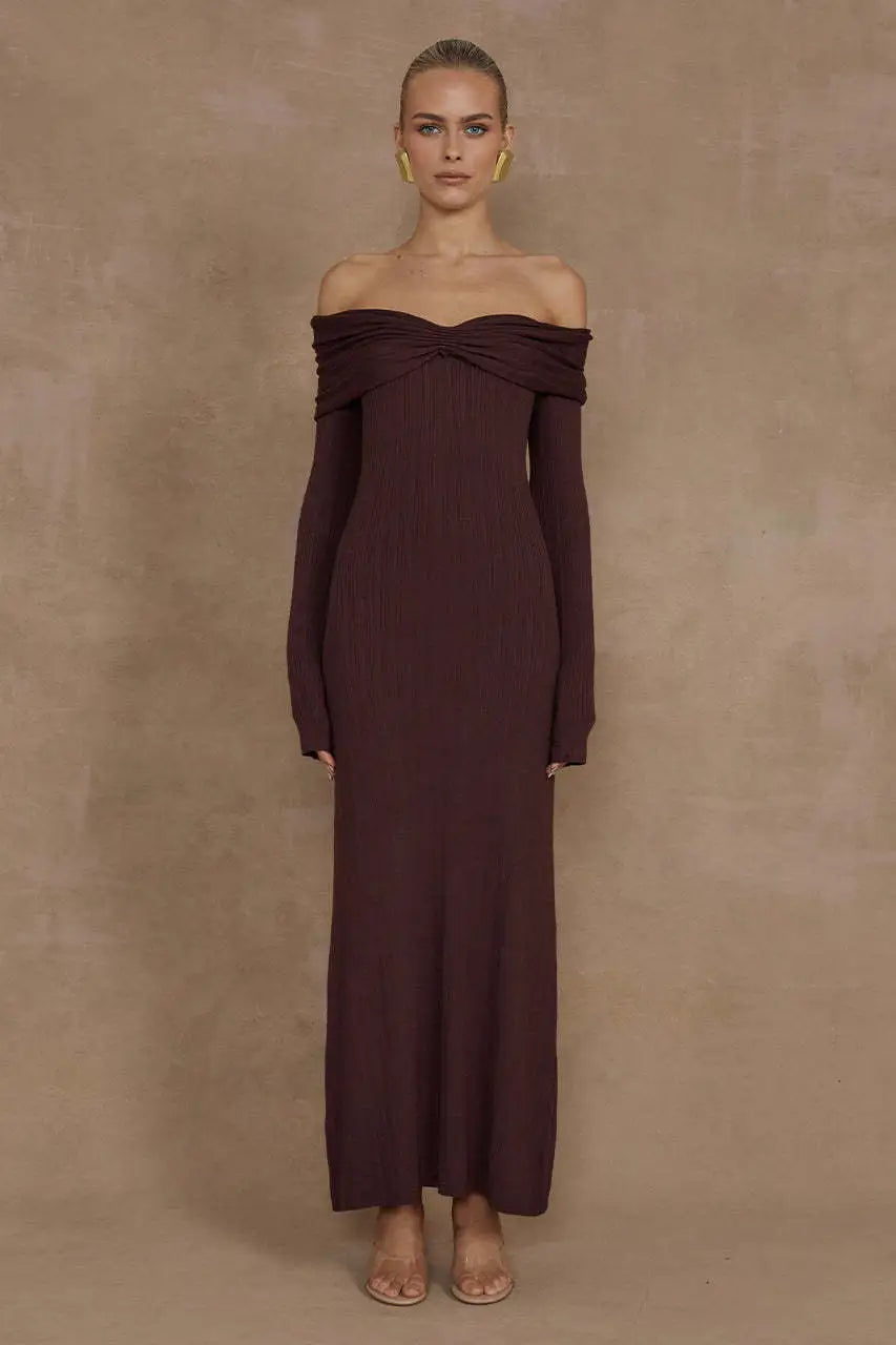 Off Shoulder Long Sleeve Ribbed Knit Twist Front Maxi Dress 3