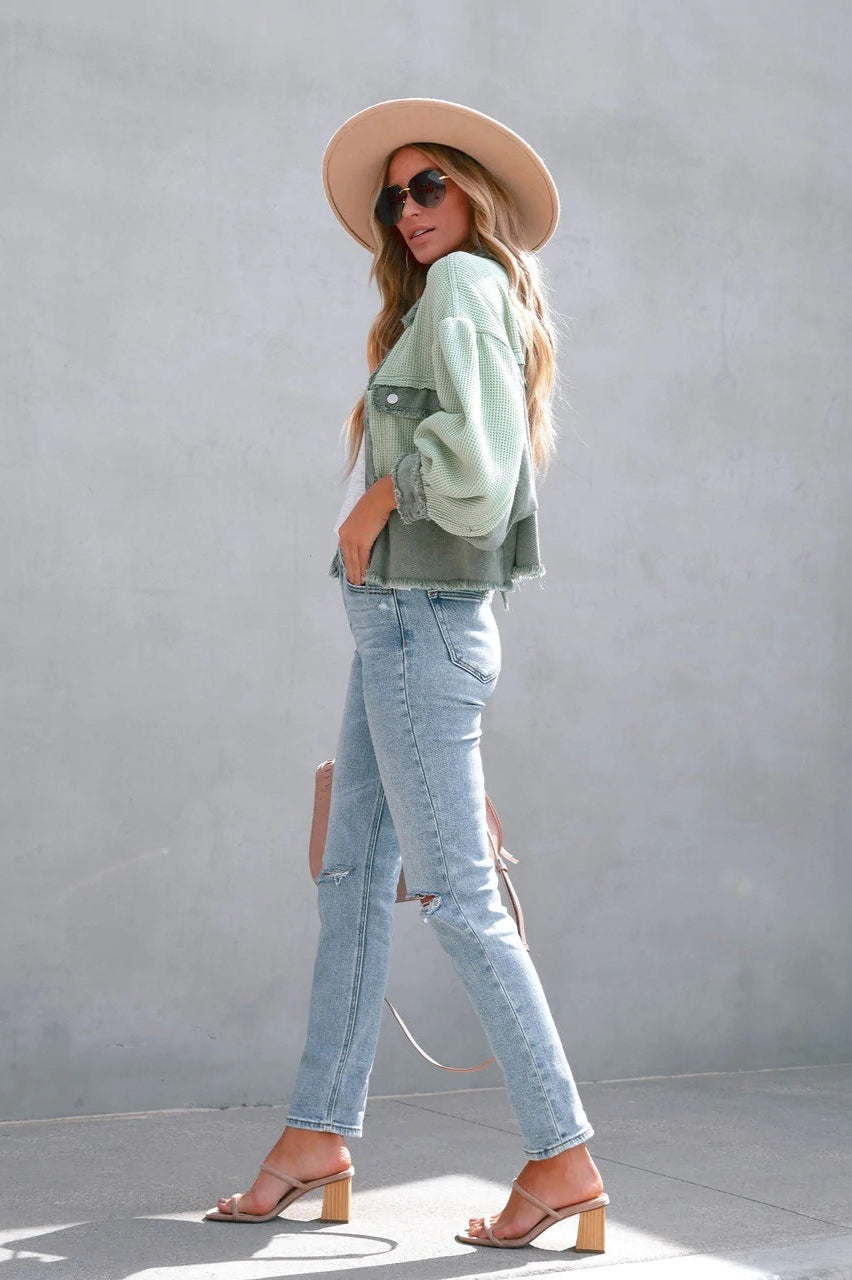 Waffle Knit Balloon Sleeve Frayed Trim Button Front Cropped Jacket 12