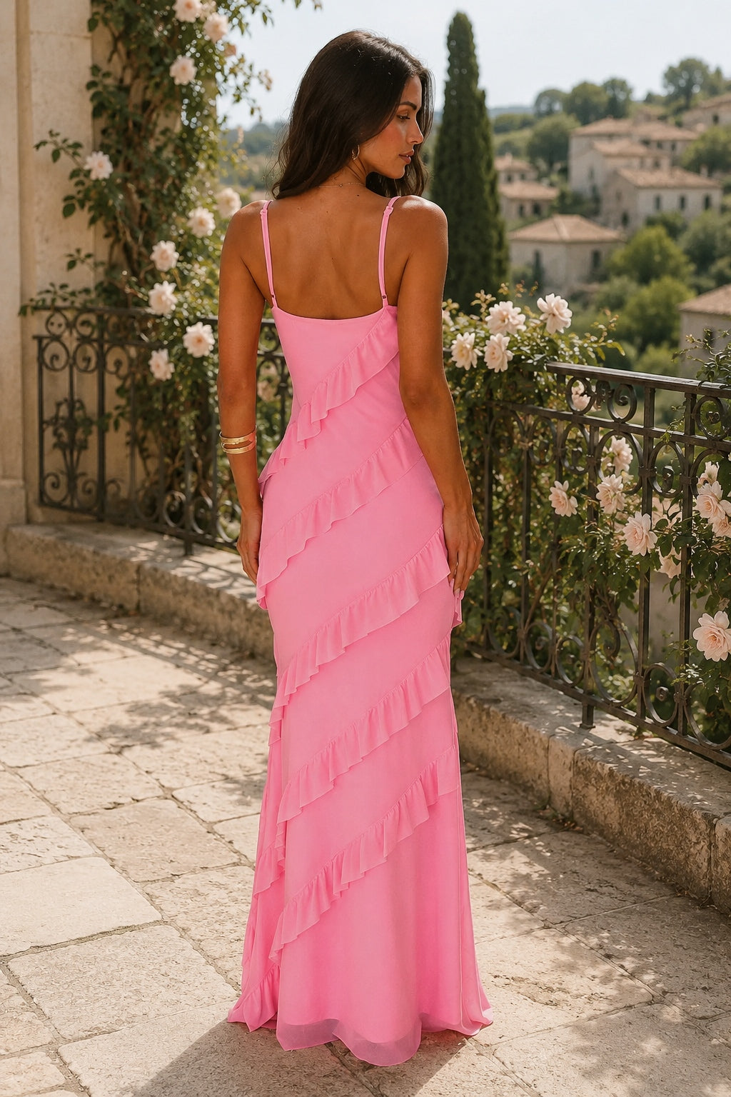 V Neck Open Back Side Split Wave Slim Slip Dress