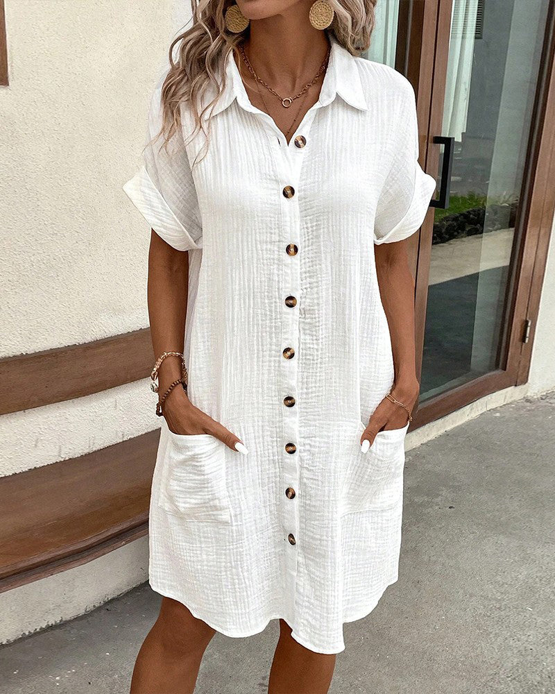 Crinkle Button Front Short Sleeve Pocket Shirt Dress