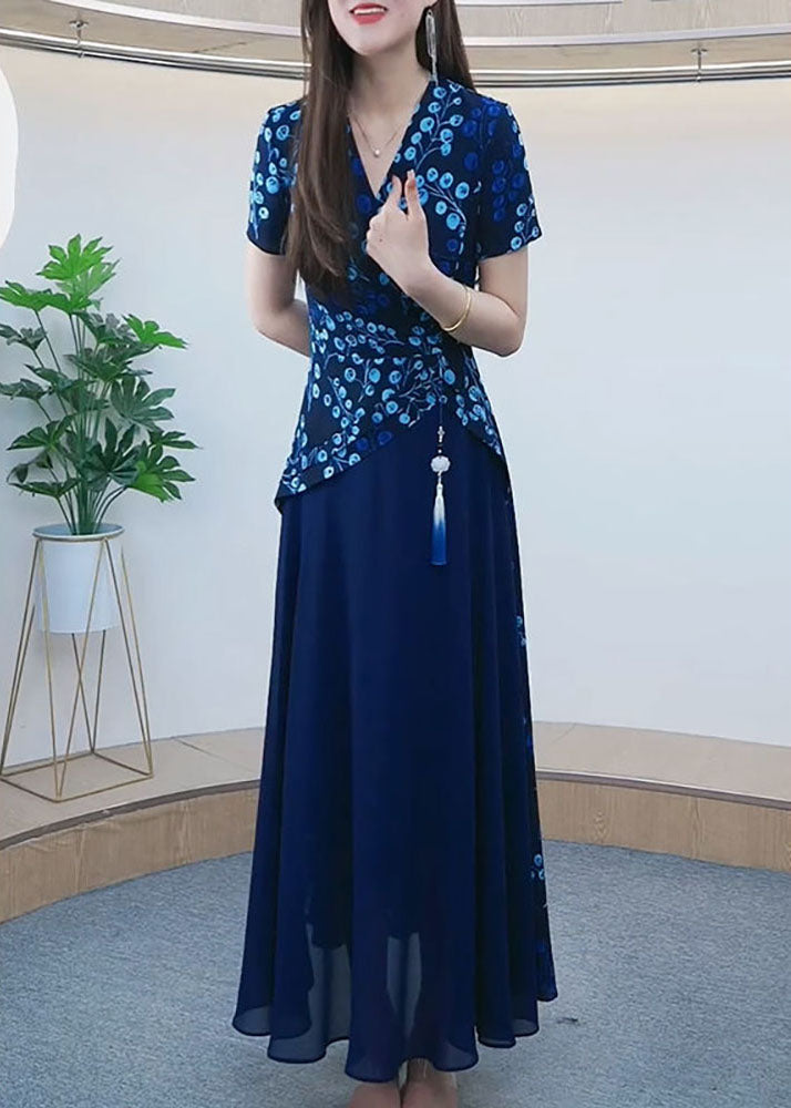 Floral Asymmetrical Panel Wrap Bodice Short Sleeve Maxi Dress