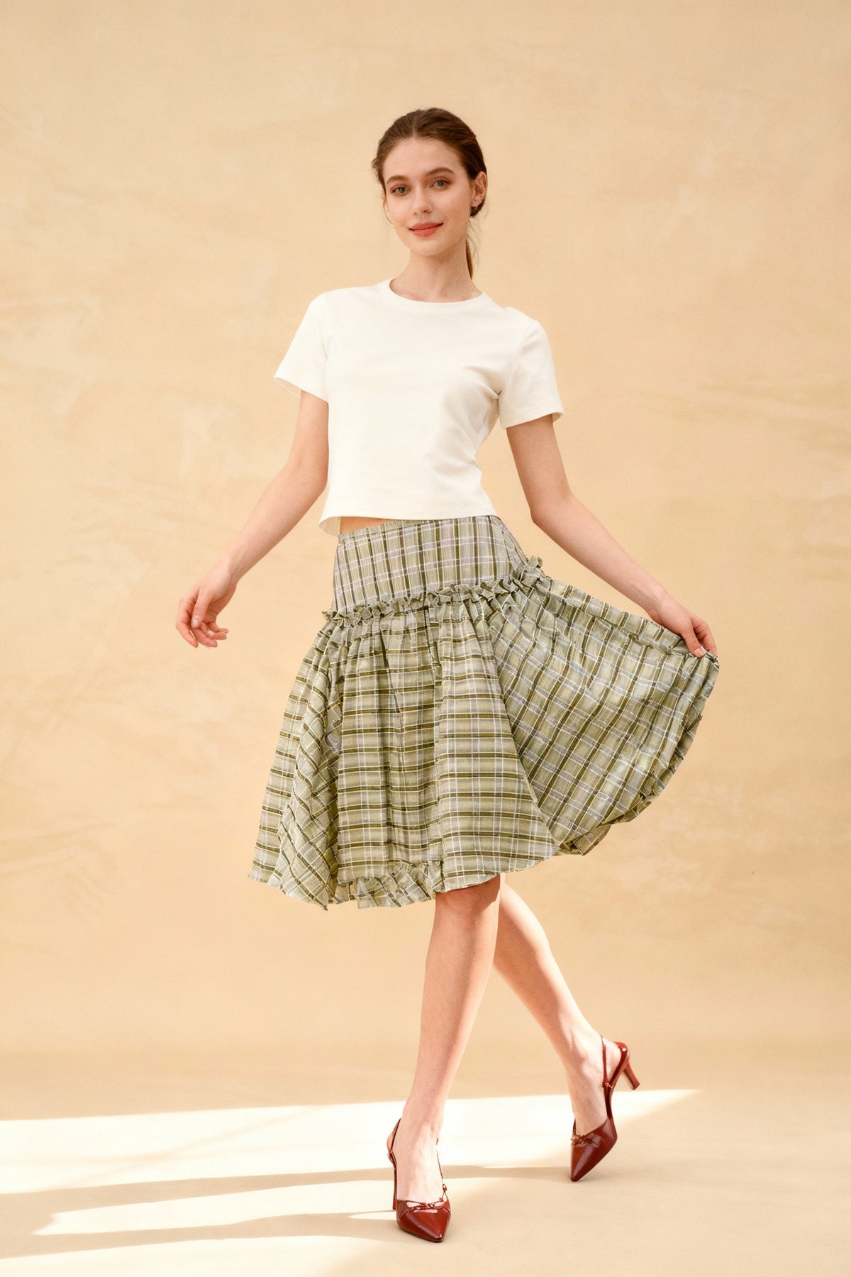 Plaid High Waist Ruffle Trim Tiered A-Line Midi Skirt