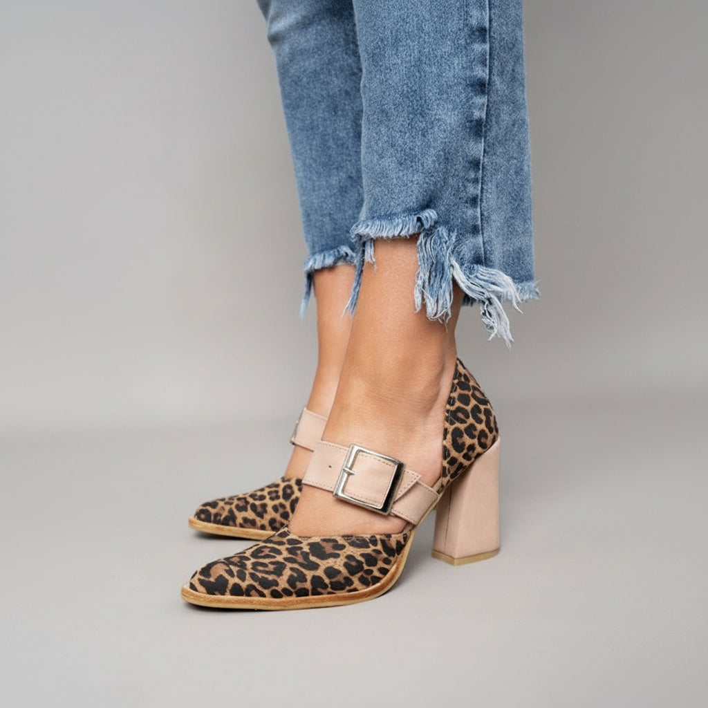 Pointed Toe Buckle Strap Block Heel Pumps