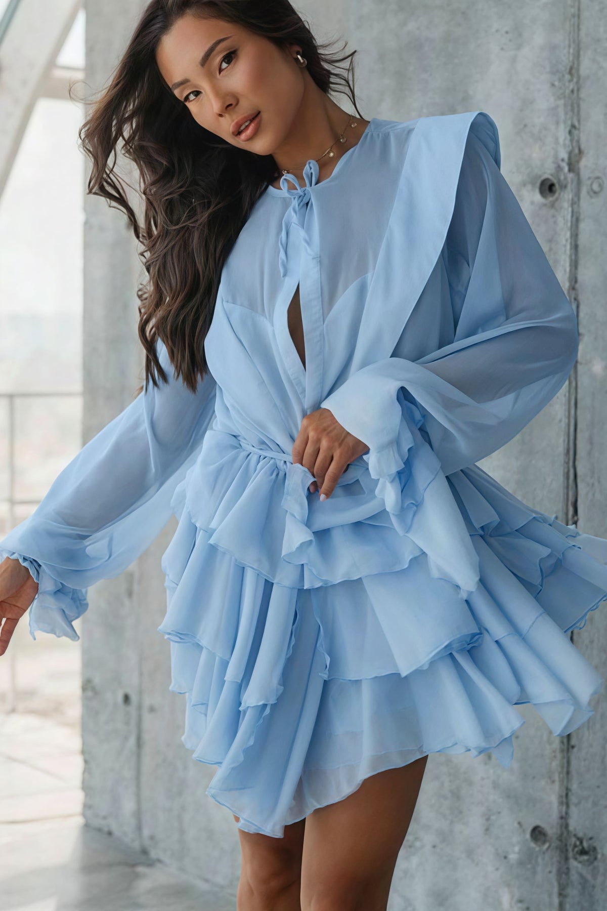 Sheer Chiffon Tie Neck Long Sleeve Tiered Ruffle Mini Dress