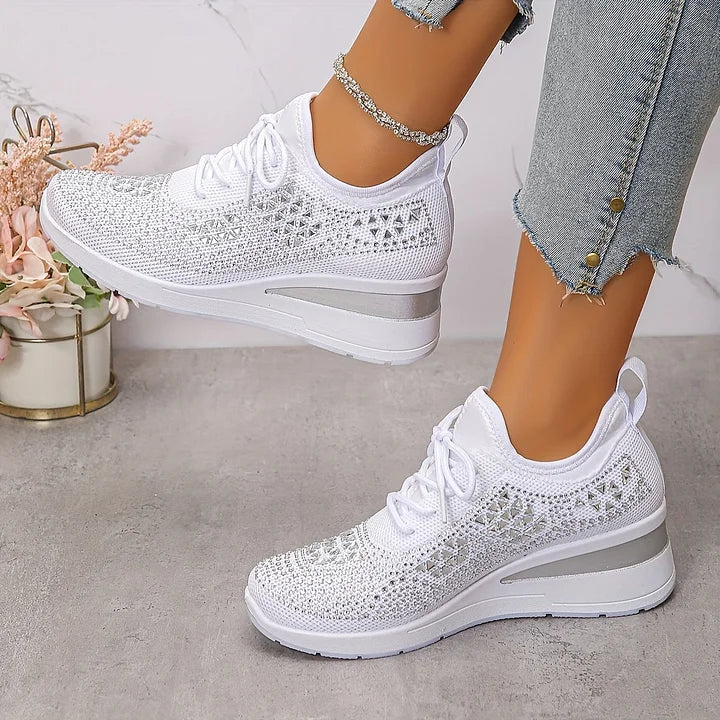 Rhinestone Mesh Lace Up Wedge Sneakers