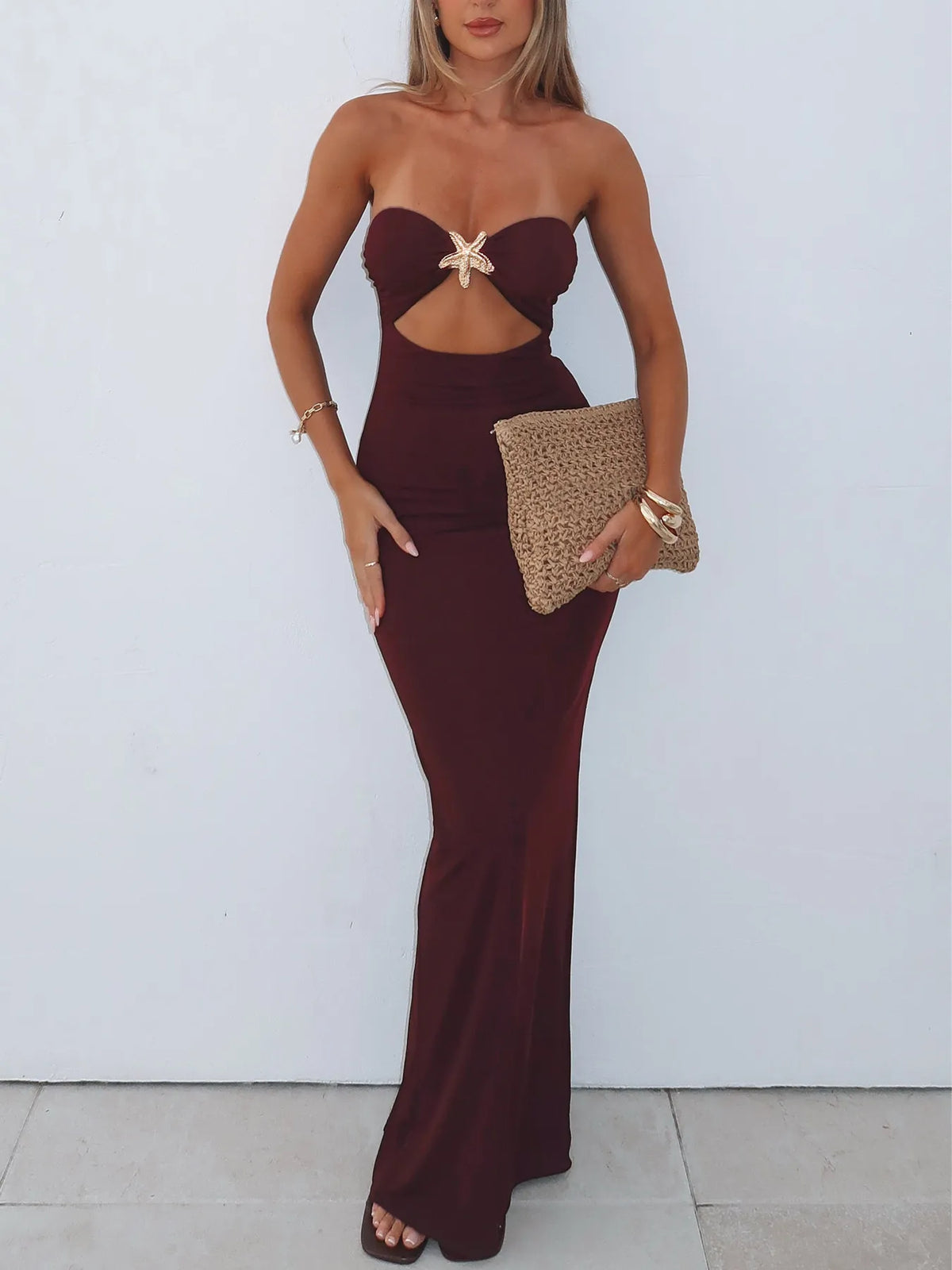 Strapless Sweetheart Starfish Embellished Cut Out Bodycon Maxi Dress