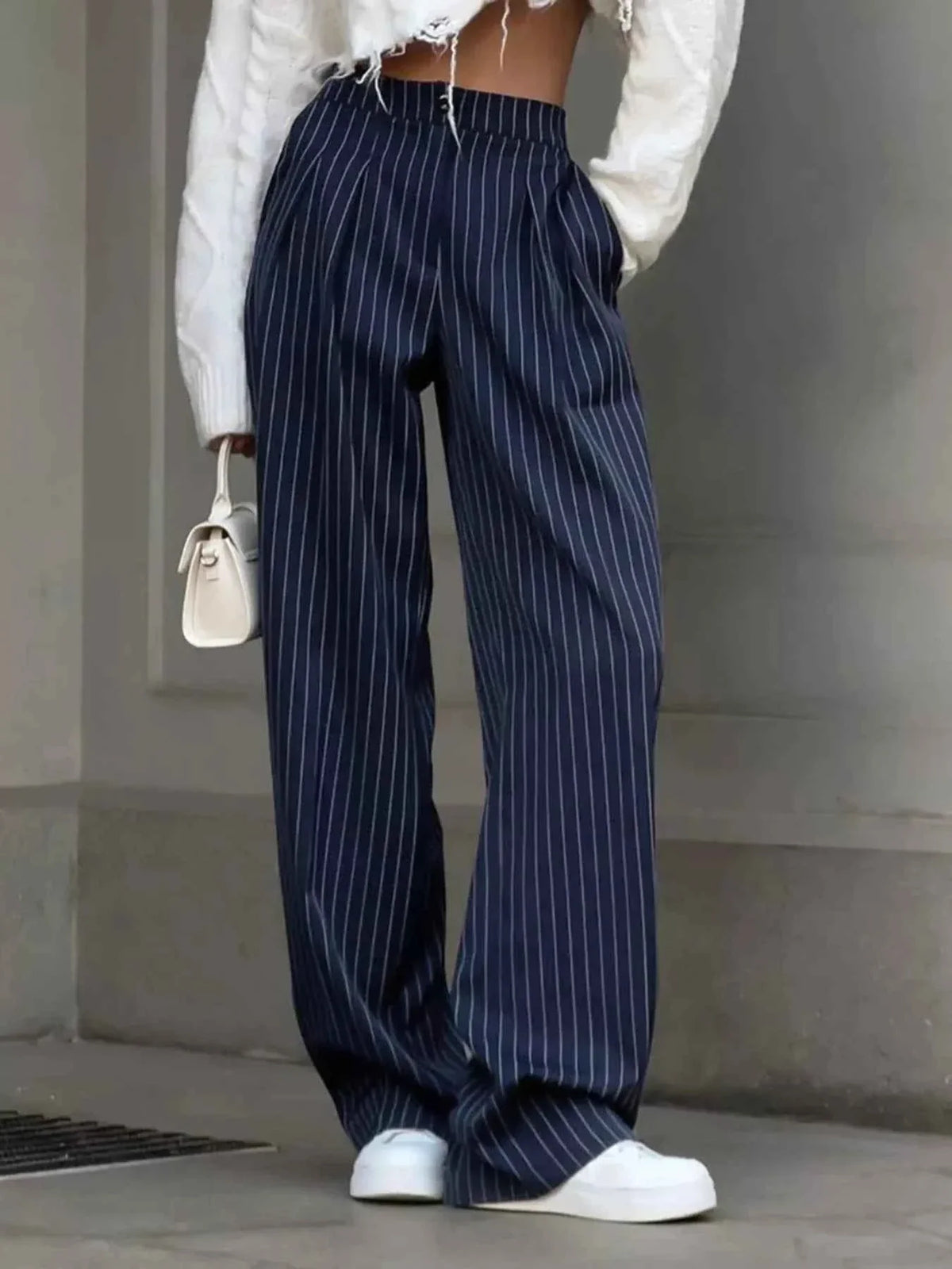 Pinstripe High Waist Pleated Wide Leg Trousers