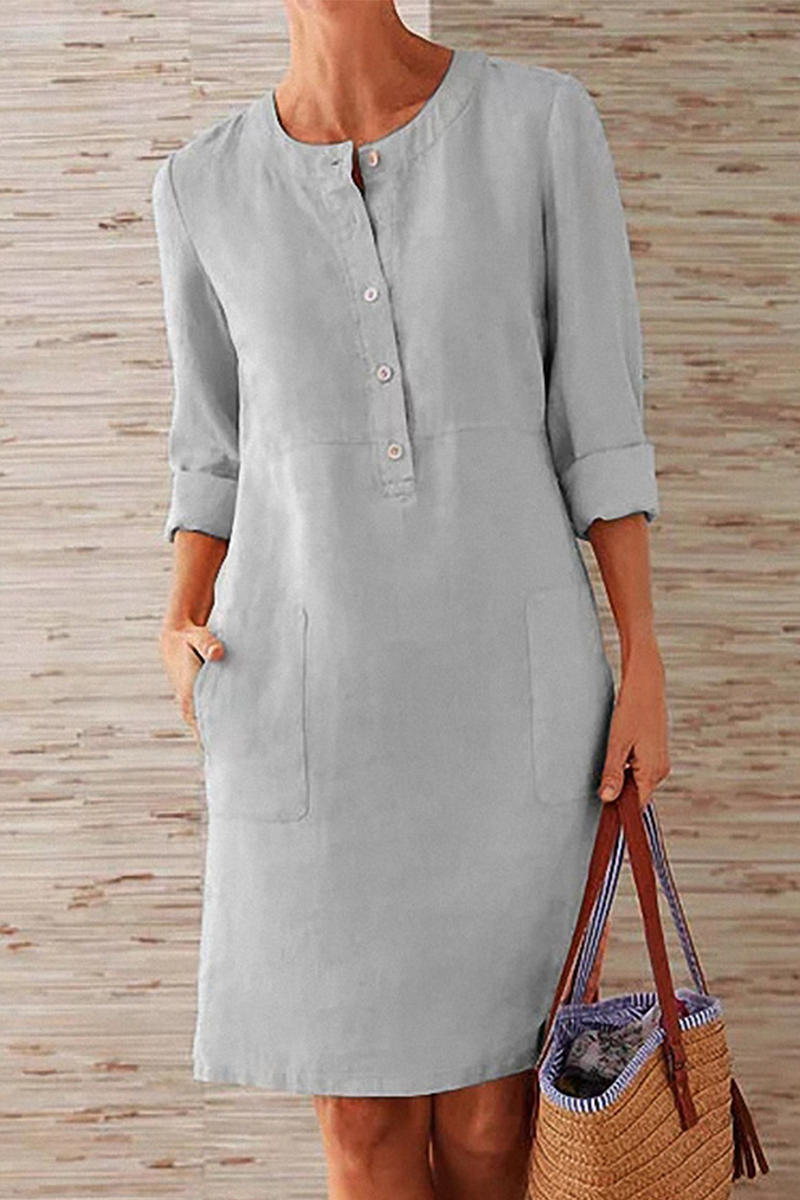 Round Neck Partial Button Patch Pocket Three Quarter Sleeve Shift Dress