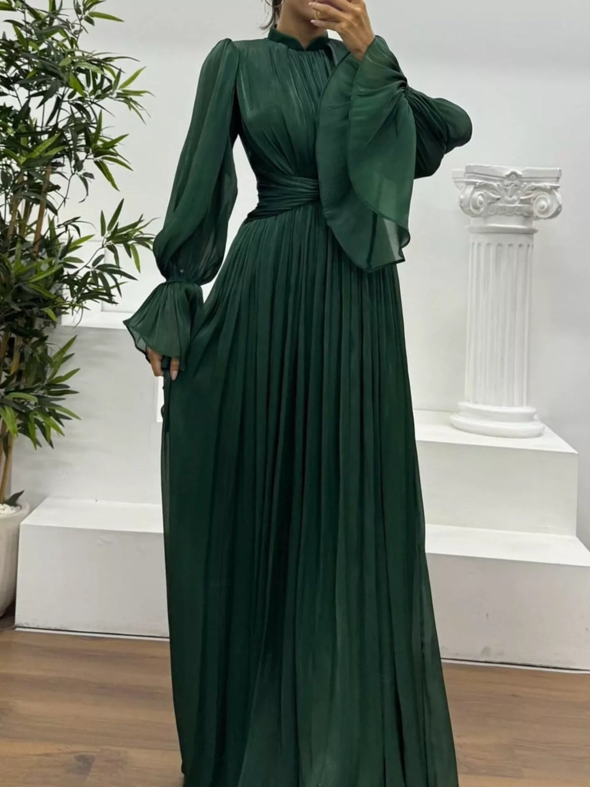 Pleated Satin Mock Neck Flared Bell Sleeve Twist Waist Maxi Gown 11