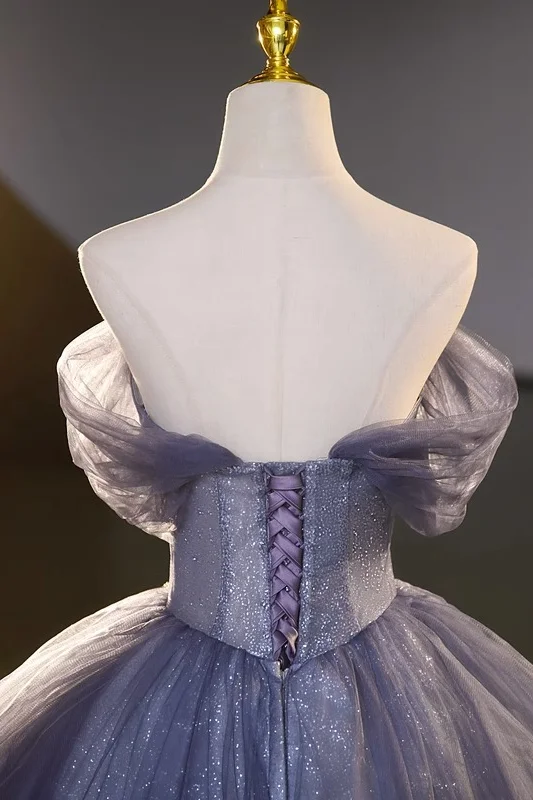 Blue Off The Shoulder Sequins Tulle Evening Dress Sweet 16 Dress cc1725