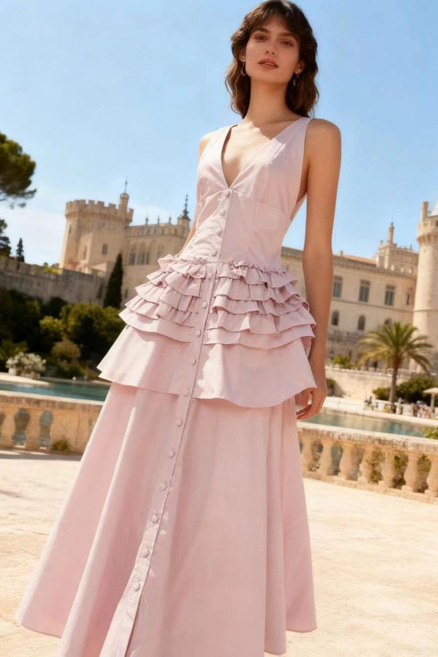Deep V-Neck Sleeveless Corset Tiered Fit and Flare Midi Dress