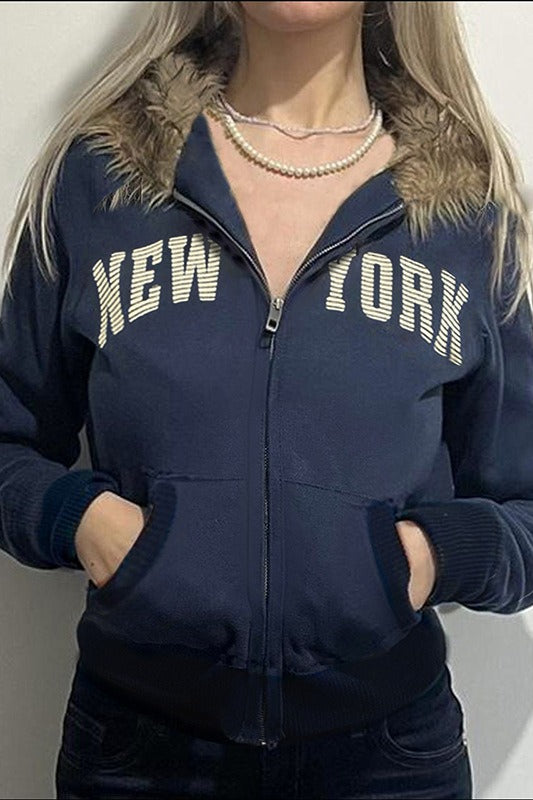 Fur Collar Letter Print Zip-Up Hoodie