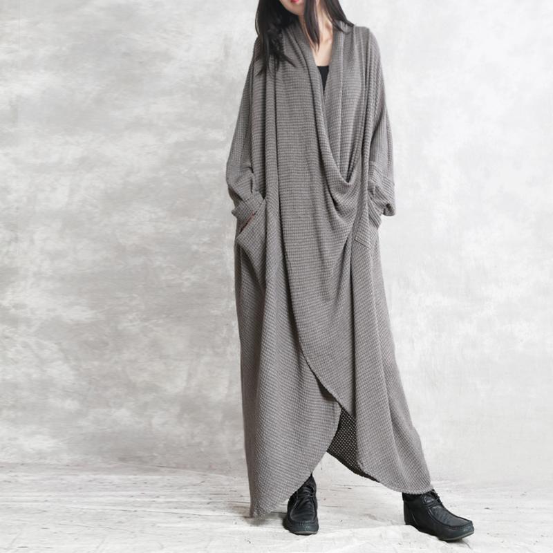 Waffle Knit Draped Cowl Wrap Front Long Sleeve Pocket Asymmetric Layered Hem Maxi Dress