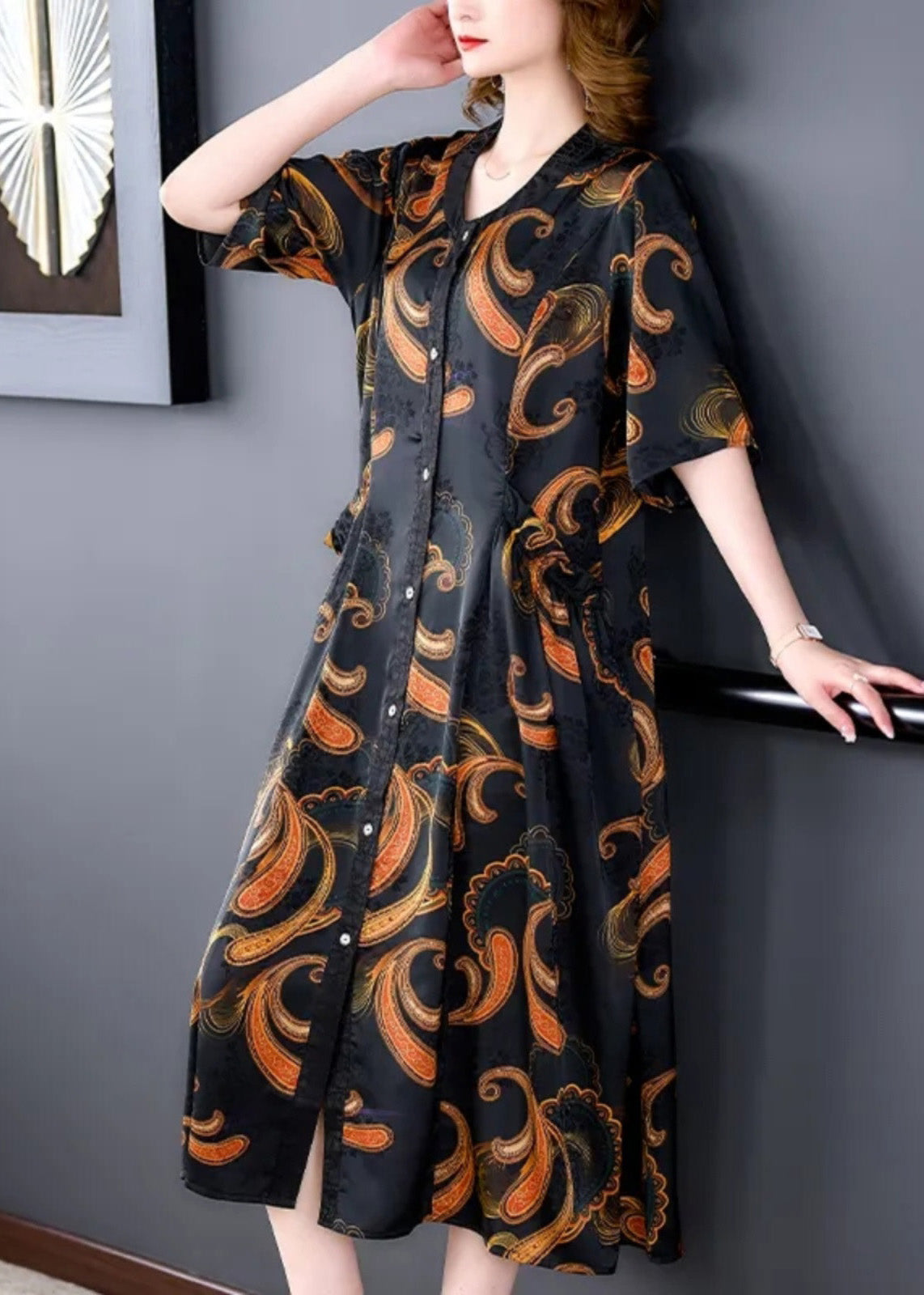 Paisley Print V-Neck Short Sleeve Button Front Side Ruffle A-Line Midi Dress